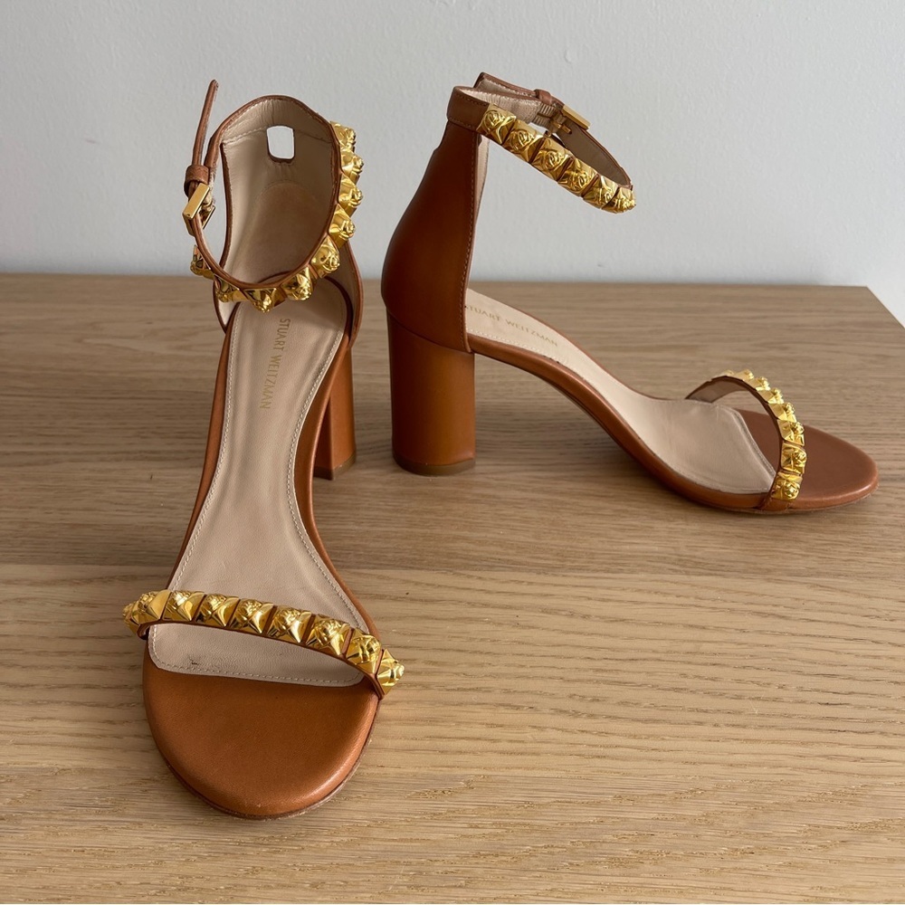 Stuart Weitzman rosemarie block heel cognac Brown Ankle Strap Sandals gold stud